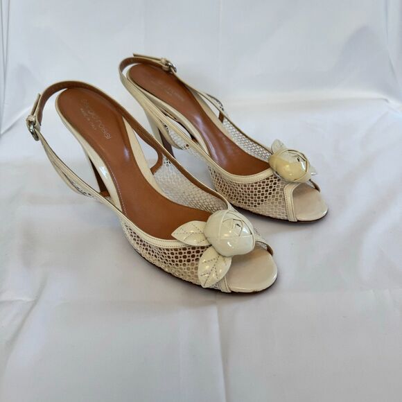 Sergio Rossi Women's Off White Patent Leather Slingback Floral Sandal Size 9 - Picture 2 of 9